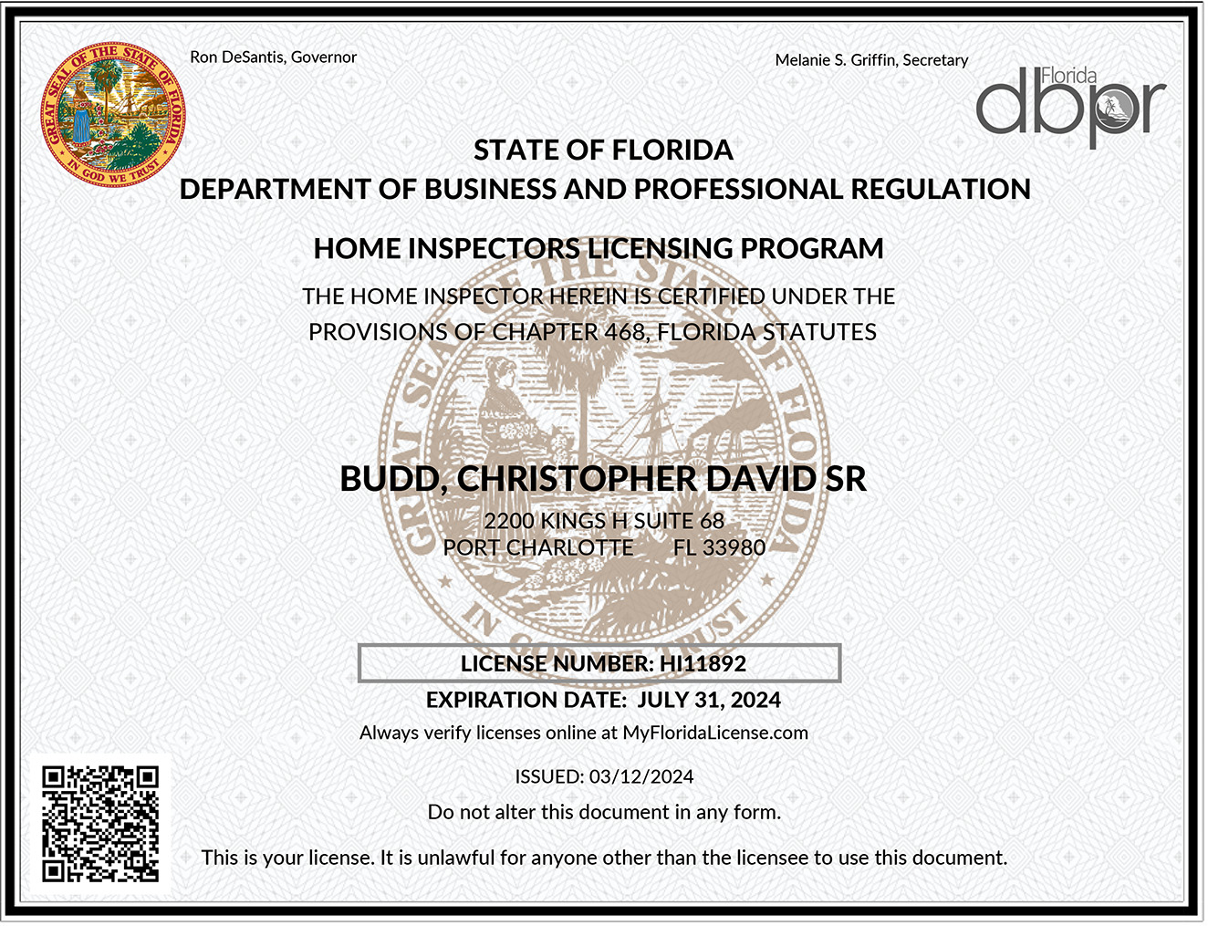 Christopher Budd Home Inspectors License HI11892 Expiration Date: July 31, 2024